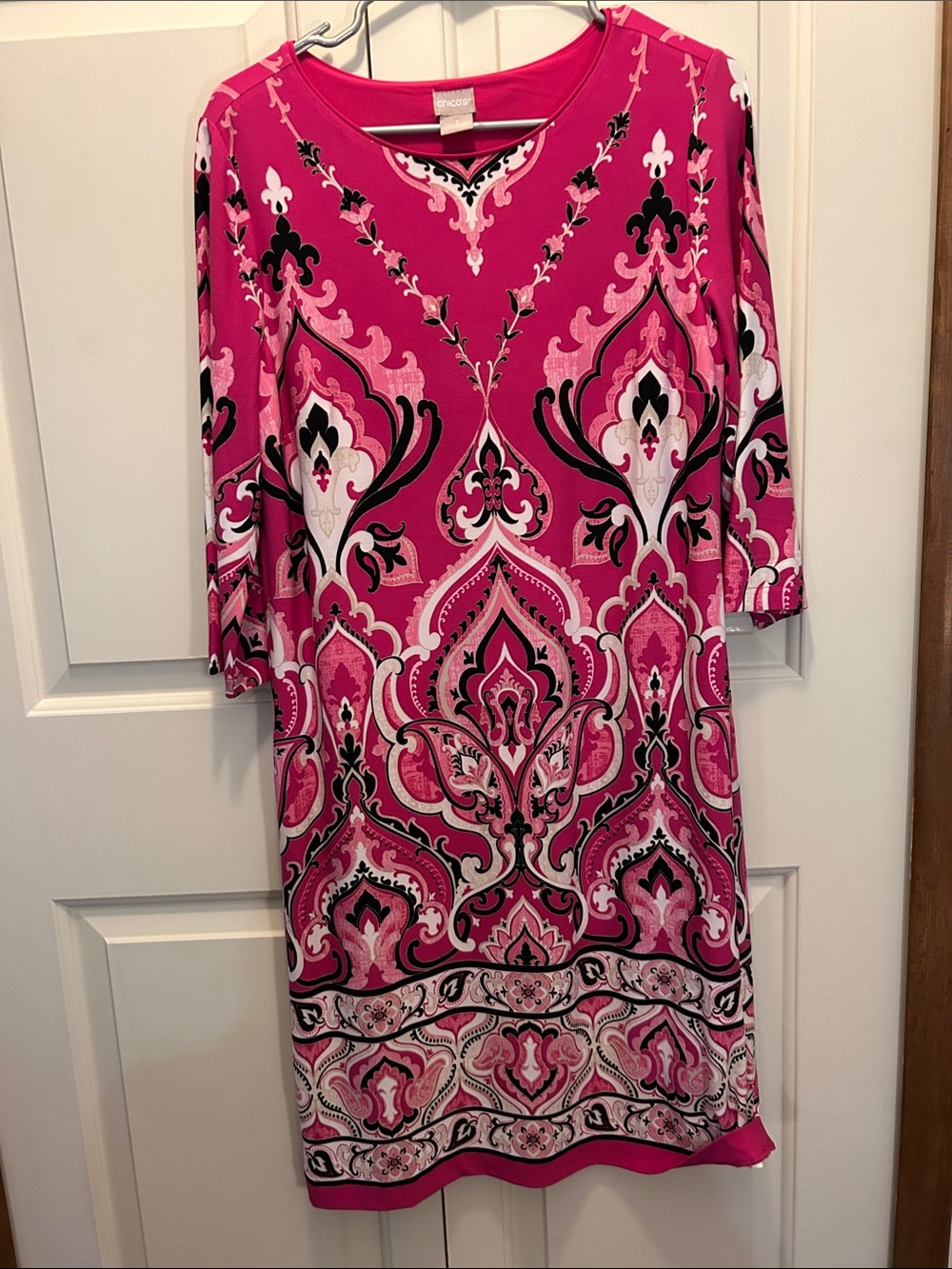 Chico's Pink Paisley-Print Stretch Dress 3/4 sleeve Size 1 US 8/10